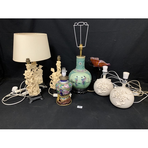 493 - Large oriental porcelain lamp base, cloisonné lamp base and 6 others (2)