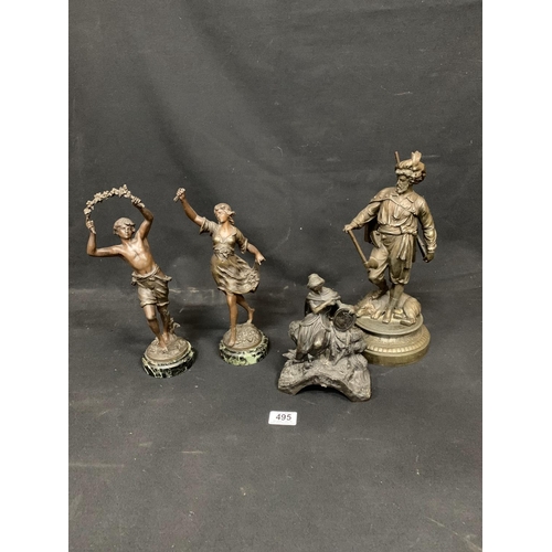 495 - Pair of Classical Spelter figures on marble bases, height 30 cms and two other Spelter figures