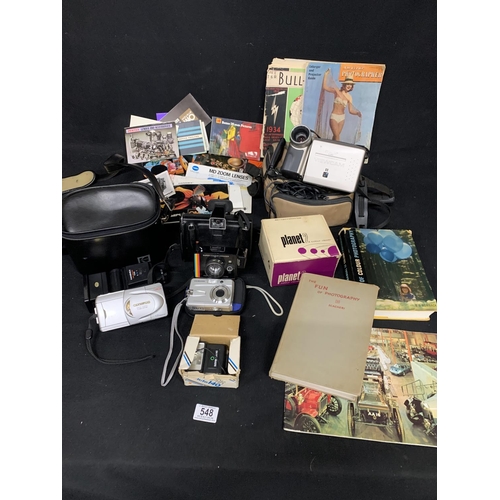 548 - Assorted cameras including Polaroid, leaflets and books