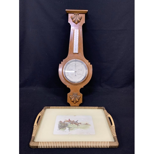 589 - Aneroid barometer and British Hunting scene tea tray