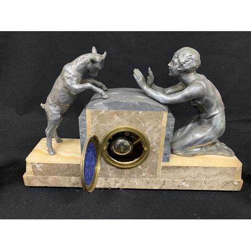 661 - Art Deco French Marble Clock Set with Spelter figures, length of base 49cms, height 32cms