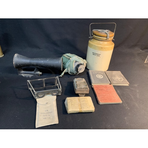 732 - Anti gas ointment Jar, Flask, silencer, torch, stereoscope and first aid manuals