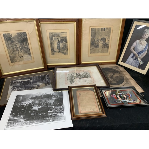 780 - Engravings, Great War Certificate, vintage photos etc, 11 items