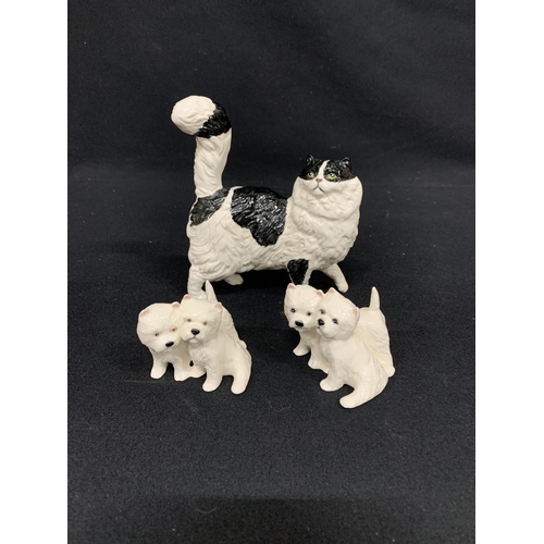 785 - Doulton cat and pair Beswick Terriers, 5cms tall