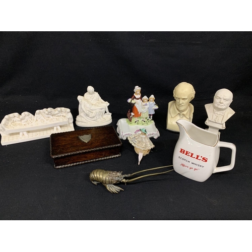 793 - 2 busts, Wade jug, brass lobster, pin cushion, box etc