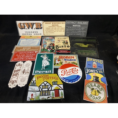 857 - Replica Railway signs, and 6 Replica Enamel Advertising signs plus 4 Advert tiles & 3 plastic plaque... 