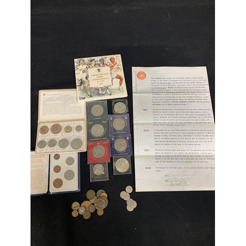 858 - Commemorative coins and Crowns plus Deed dated 1909