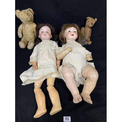 892 - Max Hanwerk Bebe Elile Bisque Doll ( hairki e crack to head) and AM bisque doll repaired and two ted... 