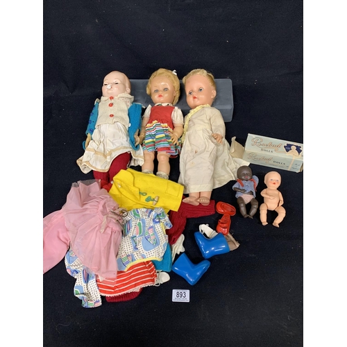 893 - Vintage Rosebud Doll, 2 others and 2 baby dolls,  dolls clothes