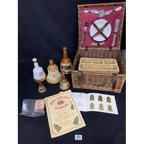 896 - Wicker picnic basket, five Bells Decanters (empty) and Ephemera (2)