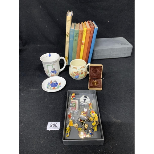 900 - Winnie the Pooh books and one Rupert Bear book plus Pooh & other Badges, Paddington & Bunnykins mugs