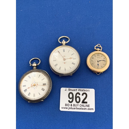 962 - Two Silver Fob watches and one rolled Gold Fob Watch (no glass)