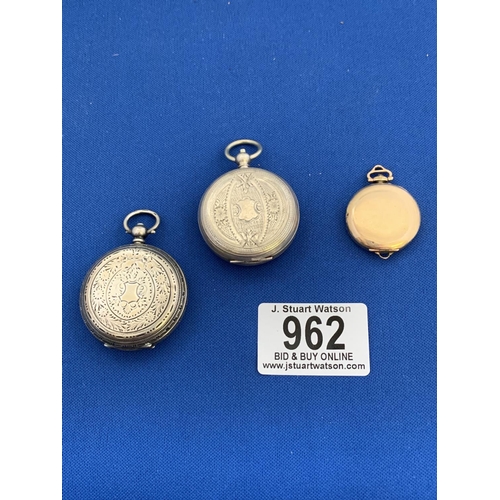 962 - Two Silver Fob watches and one rolled Gold Fob Watch (no glass)