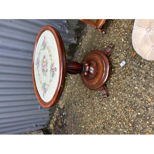 172 - A Victorian mahogany pedestal side table with tapestry top together with a mahogany wall shelf and s... 