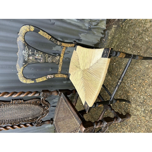 196 - A mother of pearl inlaid chair, oak begere chair and an Edwardian chair