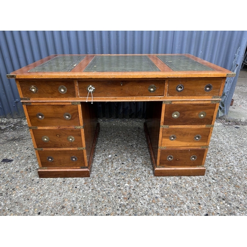 2 - A reproduction yew military style twin pedestal desk with green leather top 122x77x75