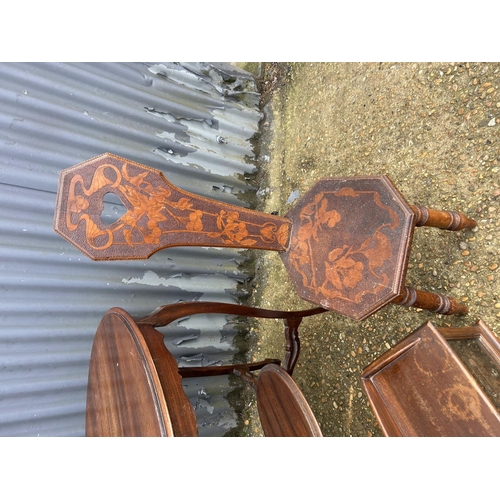 207 - Inlaid spinning chair, mahogany occasional table and small cabinet