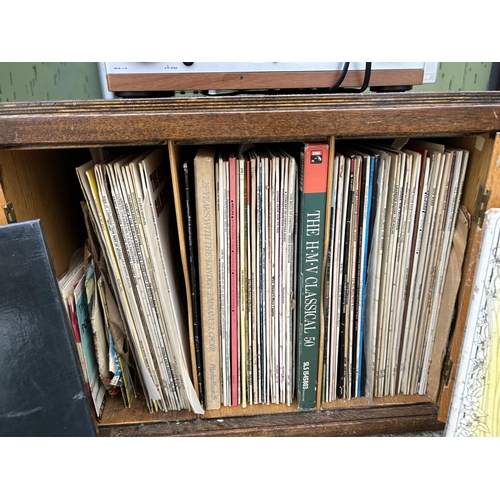 268 - Record cupboard and contents together with player and red box records