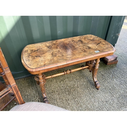 272 - A victorian inlaid stretcher table, two tier inlaid side table and an inlaid chair