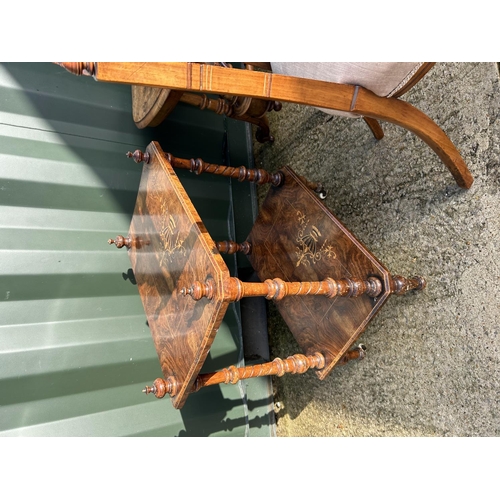 272 - A victorian inlaid stretcher table, two tier inlaid side table and an inlaid chair