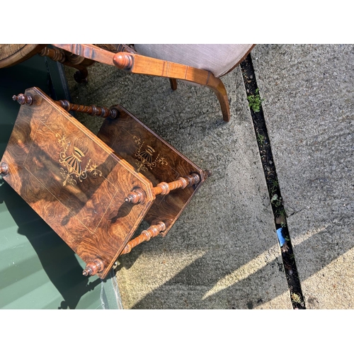 272 - A victorian inlaid stretcher table, two tier inlaid side table and an inlaid chair