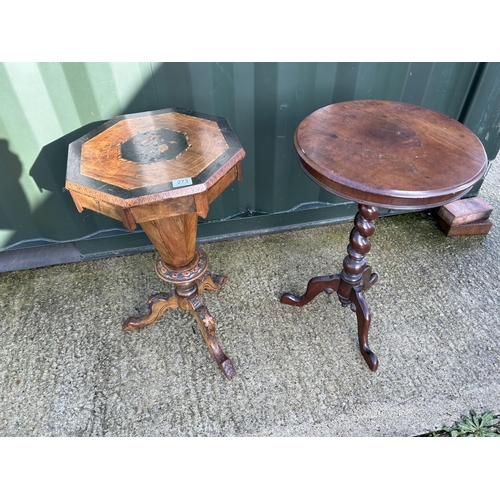 273 - A victorian trumpet shaped sewing box together with a mahogany wine table