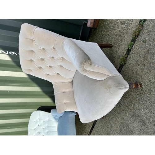 274 - A blue upholstered button back bedroom chair together with a cream bedroom chair