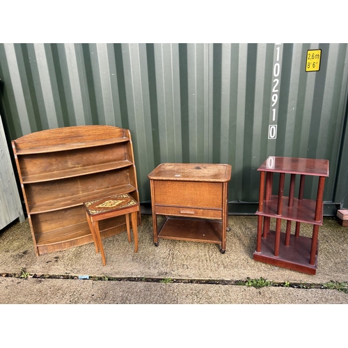 288 - An oak sewing box, oak bookcase, Italian musical table and one other