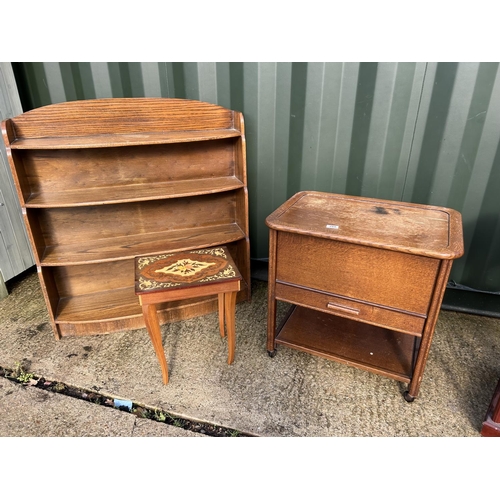 288 - An oak sewing box, oak bookcase, Italian musical table and one other