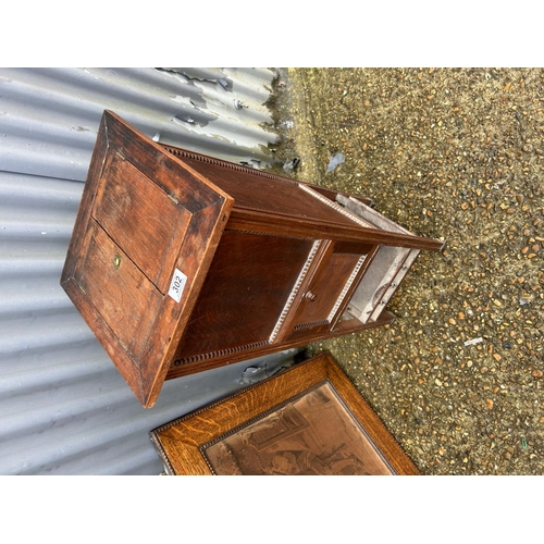 302 - An oak workbox together with an oak framed tapestry picture