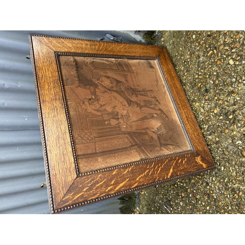 302 - An oak workbox together with an oak framed tapestry picture