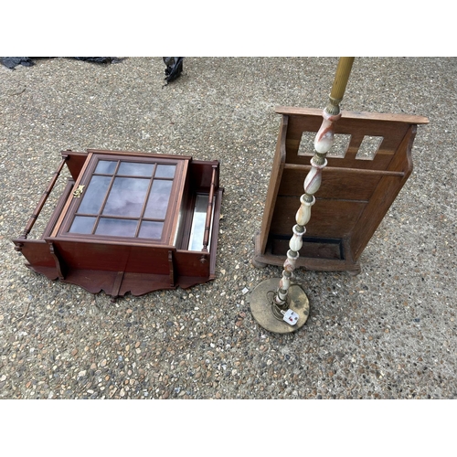 31 - Edwardian wall cabinet, brass lamp and oak hall stand