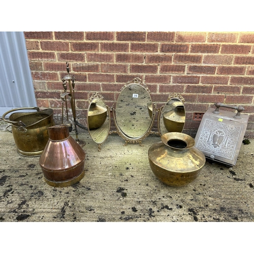 319 - A three section brass dressing table mirror, three pieces brass, companion set and coal box