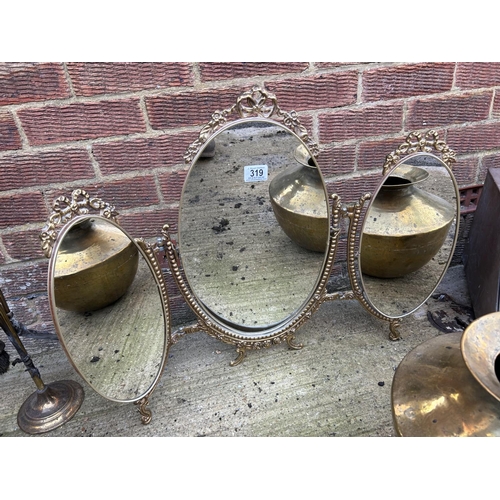 319 - A three section brass dressing table mirror, three pieces brass, companion set and coal box