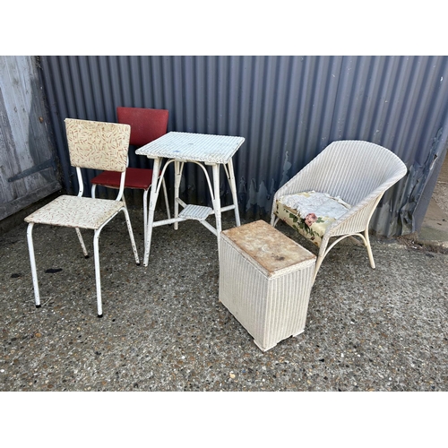 55 - Lloyd loom table, chair, box and two kitchen chairs