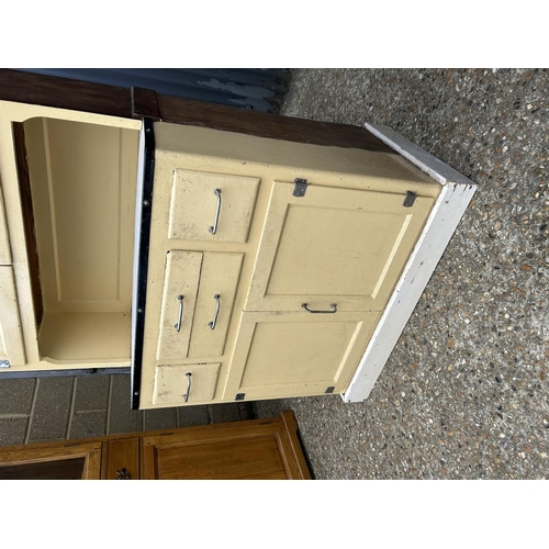 6 - A vintage yellow painted kitchen cabinet / dresser with enamel surface 92x55x185