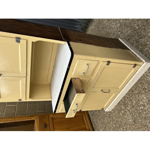 6 - A vintage yellow painted kitchen cabinet / dresser with enamel surface 92x55x185