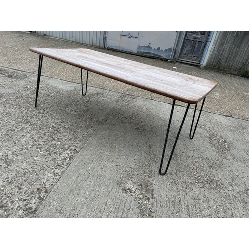 7 - A large up-cycled  hardwood plank top table with hairpin legs  199x69