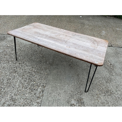 7 - A large up-cycled  hardwood plank top table with hairpin legs  199x69