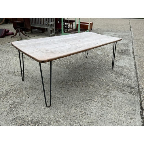 7 - A large up-cycled  hardwood plank top table with hairpin legs  199x69