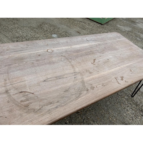 7 - A large up-cycled  hardwood plank top table with hairpin legs  199x69