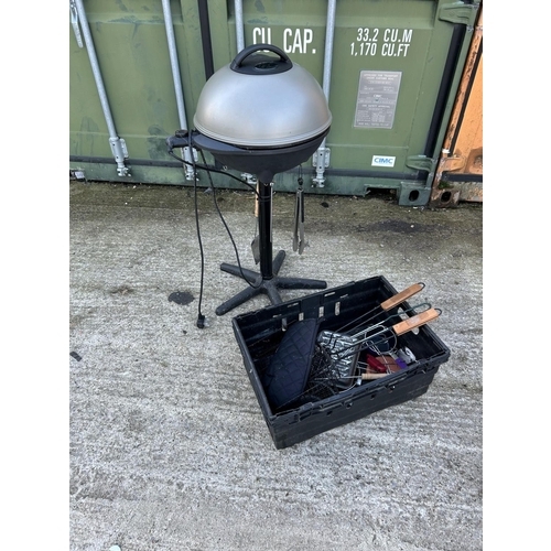 334 - Electric bbq and crate of bbq tools