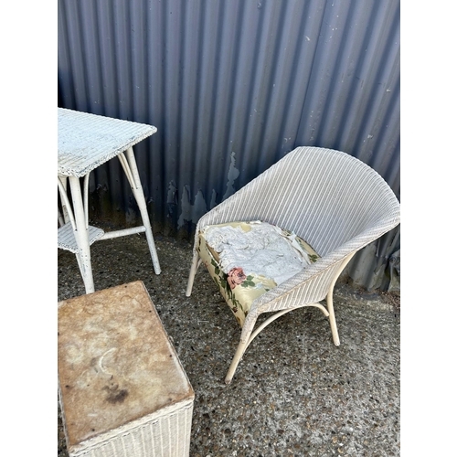 55 - Lloyd loom table, chair, box and two kitchen chairs