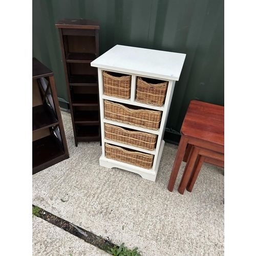 263 - A white bank of basket drawers, nest of three tables and two modern shelves