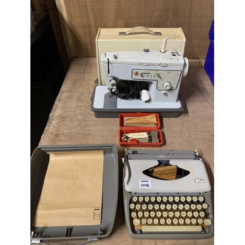 1008 - Electric Singer sewing machine with pedal and Adler portable typewriter