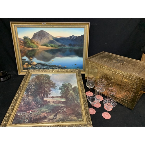 1012 - Gilt framed oil of lake Signed JB Colanti and gilt framed print plus brass log box and pink cocktail... 