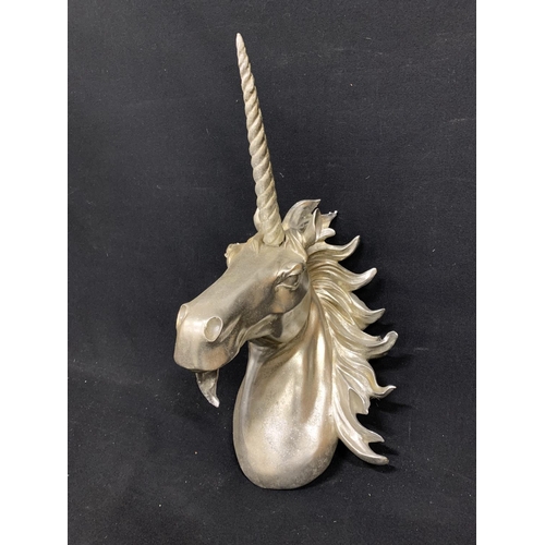 1039 - Silvered Unicorn Head Wall Plaque height 53 cms