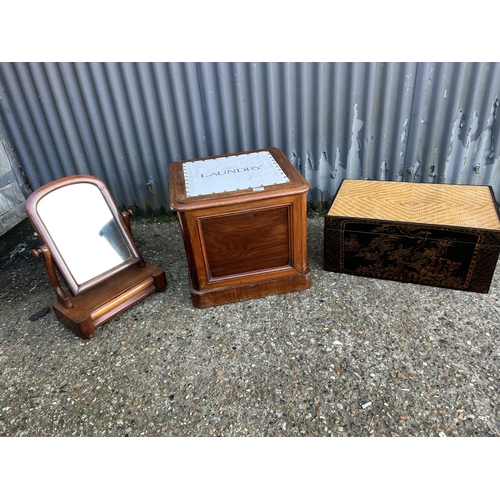 10 - A victorian swing mirror, laundry box and laquered  box