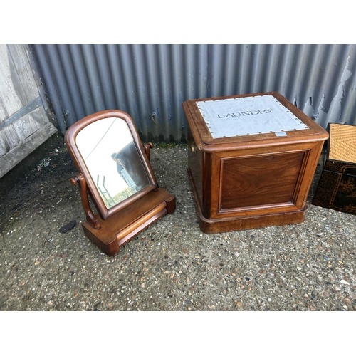 10 - A victorian swing mirror, laundry box and laquered  box