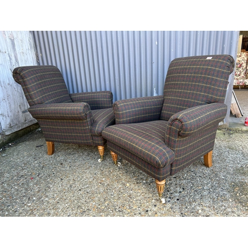 109 - Pair of green tartan pattern armchairs